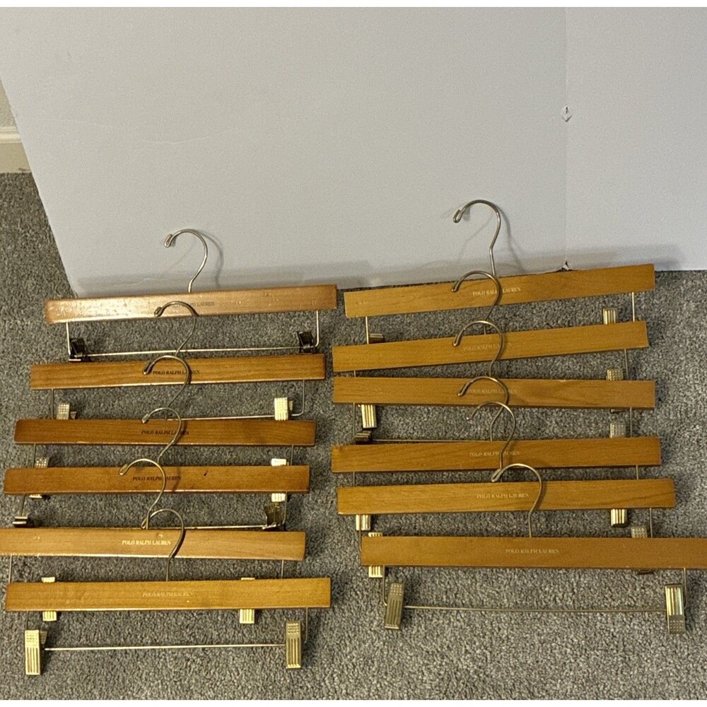 Lot 12 VTG Wooden Polo Ralph Lauren Clip Hangers For Pants Shorts Skirts 14”